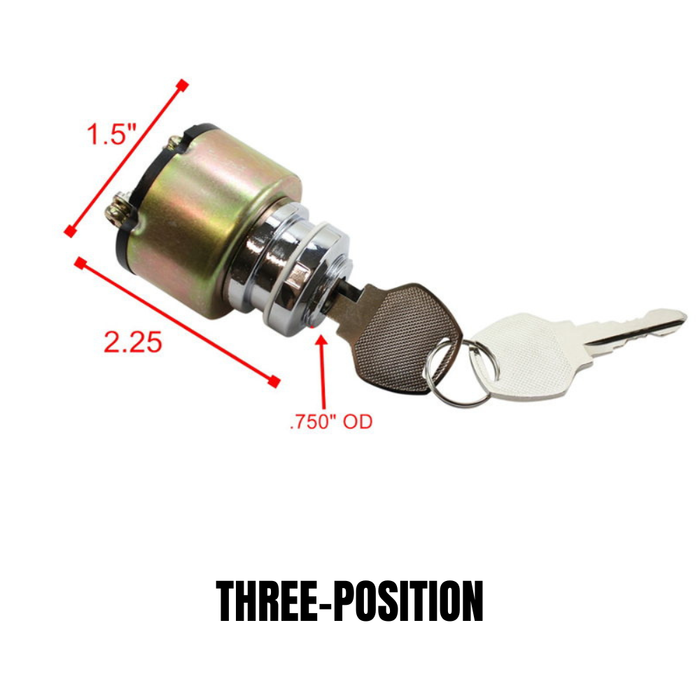 Three Moto Iron® metal ignition switches, including the Moto Iron Universal Ignition Switch, are arranged diagonally on a white background. Each switch displays exposed terminals and comes with attached keys.