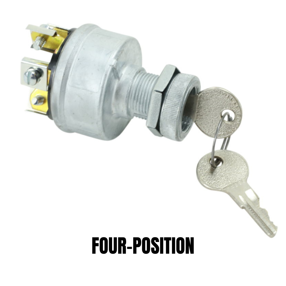 Three Moto Iron® metal ignition switches, including the Moto Iron Universal Ignition Switch, are arranged diagonally on a white background. Each switch displays exposed terminals and comes with attached keys.