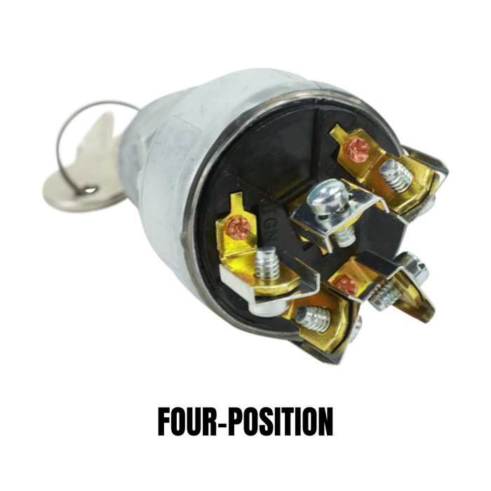 Three Moto Iron® metal ignition switches, including the Moto Iron Universal Ignition Switch, are arranged diagonally on a white background. Each switch displays exposed terminals and comes with attached keys.