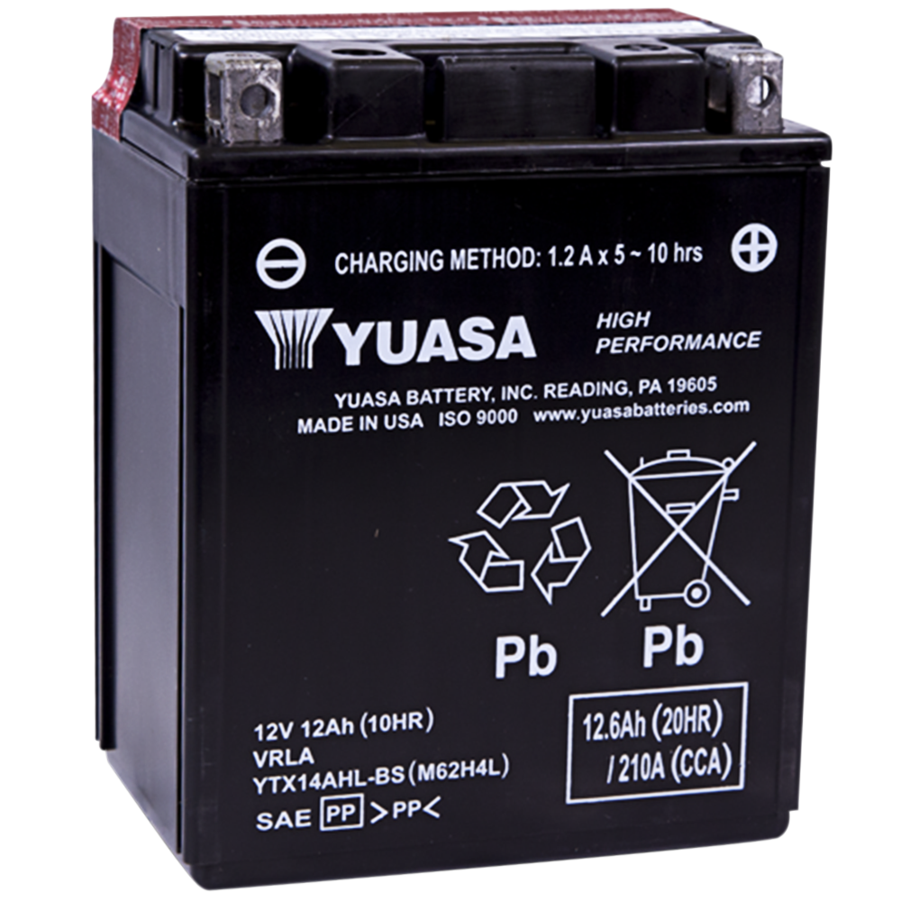 The Yuasa YTX14AHLBS Battery is a black 12V 12Ah AGM motorcycle battery by Yuasa, with charging instructions and caution symbols on the front for safety and reliability.