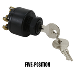 Three Moto Iron® metal ignition switches, including the Moto Iron Universal Ignition Switch, are arranged diagonally on a white background. Each switch displays exposed terminals and comes with attached keys.