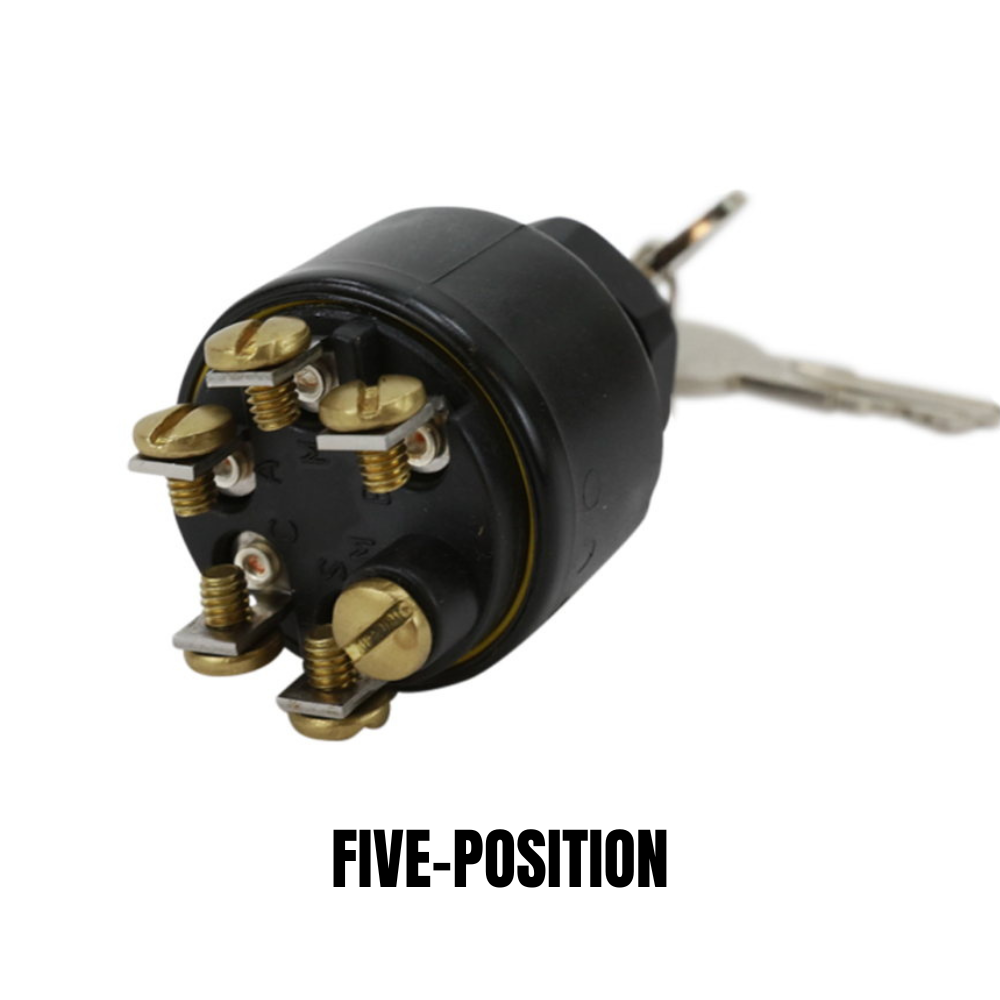 Three Moto Iron® metal ignition switches, including the Moto Iron Universal Ignition Switch, are arranged diagonally on a white background. Each switch displays exposed terminals and comes with attached keys.