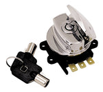 The Mid-USA Ignition Switch for 1996-2013 Harley-Davidson Big Twin includes three terminals and two tubular keys on a black keychain—ideal for replacing your Harley's ignition switch.