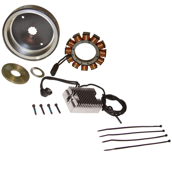 The Mid-USA Complete Charging System Kit for 1970-1999 Harley-Davidson Big Twin includes a rotor, stator with wiring, control unit with cable, mounting screws, washers, and four zip ties—ideal for upgrading your charging system.