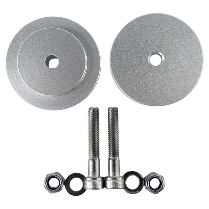 The Mikes XS "XS650 Starter Block Off Kit (Fits 1972-1984)" includes two circular metal discs with central holes, two bolts, and four washers and nuts. It&