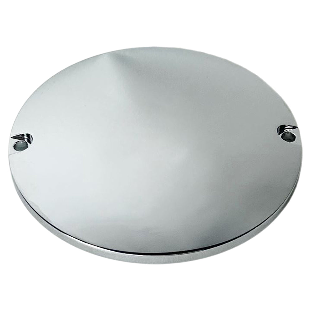 Mikes XS's polished billet aluminum stator/alternator cover for the XS650 (70-84) features a sleek design with two screw holes and a polished chrome finish.