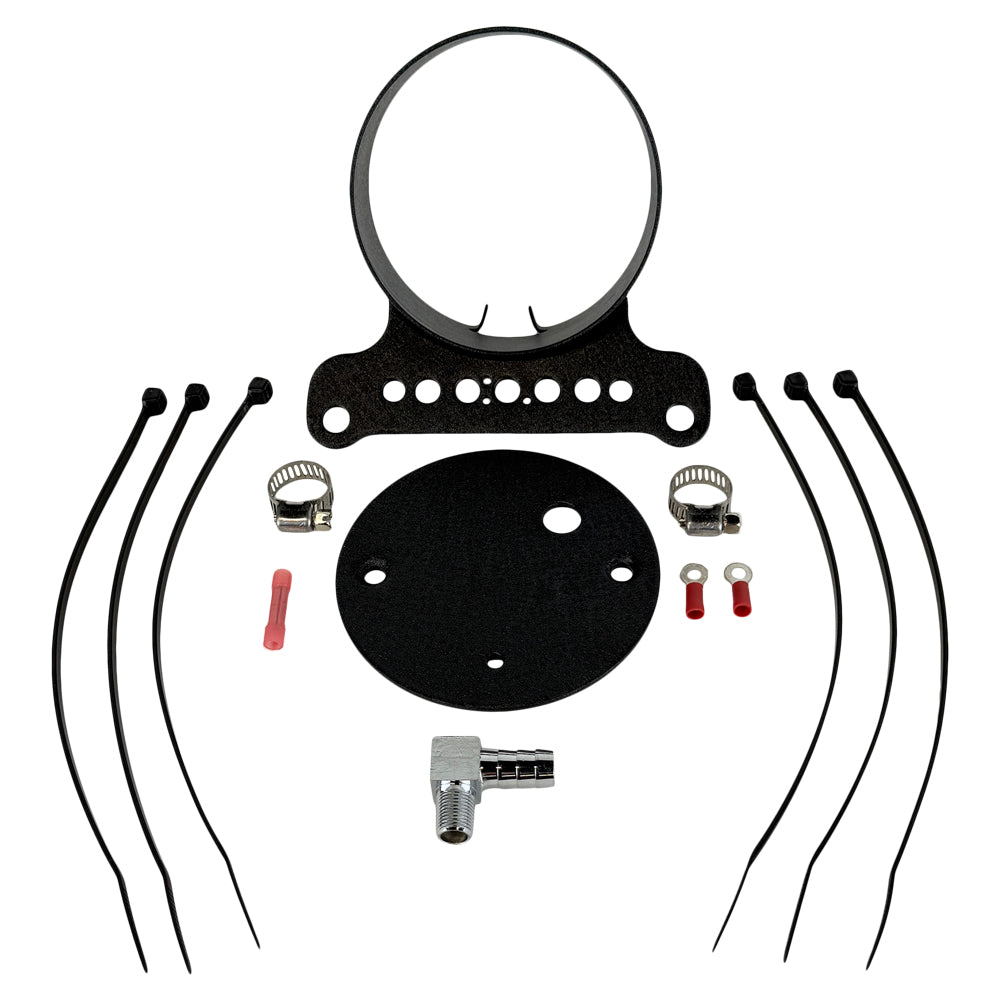 The Moto Iron® Single Gauge Mounting Kit for Harley-Davidson—Black includes a 4" gauge mount, bracket, hose clamps, zip ties, electrical connectors, fitting, and a round black plate arranged on a white background.