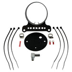 The Moto Iron® Single Gauge Mounting Kit for Harley-Davidson—Black includes a 4" gauge mount, bracket, hose clamps, zip ties, electrical connectors, fitting, and a round black plate arranged on a white background.