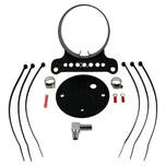The Moto Iron® Single Gauge Mounting Kit for Harley-Davidson—Black includes a 4" gauge mount, bracket, hose clamps, zip ties, electrical connectors, fitting, and a round black plate arranged on a white background.