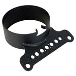 The Moto Iron® Single Gauge Mounting Kit for Harley-Davidson—Black includes a 4" gauge mount, bracket, hose clamps, zip ties, electrical connectors, fitting, and a round black plate arranged on a white background.