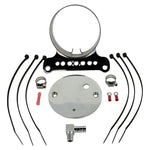 The Moto Iron® Single Gauge Mounting Kit for Harley-Davidson—Chrome includes a metal bracket, clamps, zip ties, fittings, and a chrome gauge mount plate, all arranged on a white background.