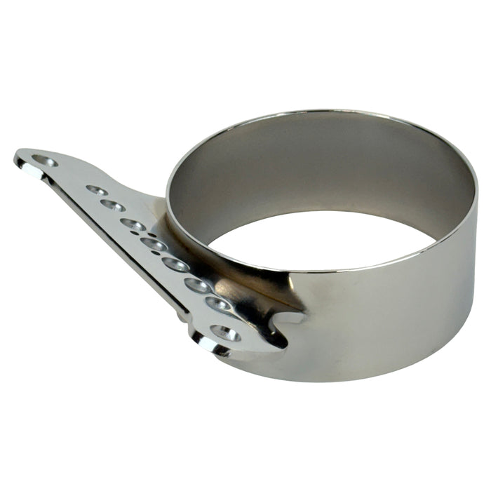 The Moto Iron® Single Gauge Mounting Kit for Harley-Davidson—Chrome includes a metal bracket, clamps, zip ties, fittings, and a chrome gauge mount plate, all arranged on a white background.