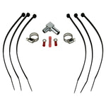 The Moto Iron® Single Gauge Mounting Kit for Harley-Davidson—Chrome includes a metal bracket, clamps, zip ties, fittings, and a chrome gauge mount plate, all arranged on a white background.