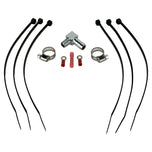 The Moto Iron® Single Gauge Mounting Kit for Harley-Davidson—Chrome includes a metal bracket, clamps, zip ties, fittings, and a chrome gauge mount plate, all arranged on a white background.