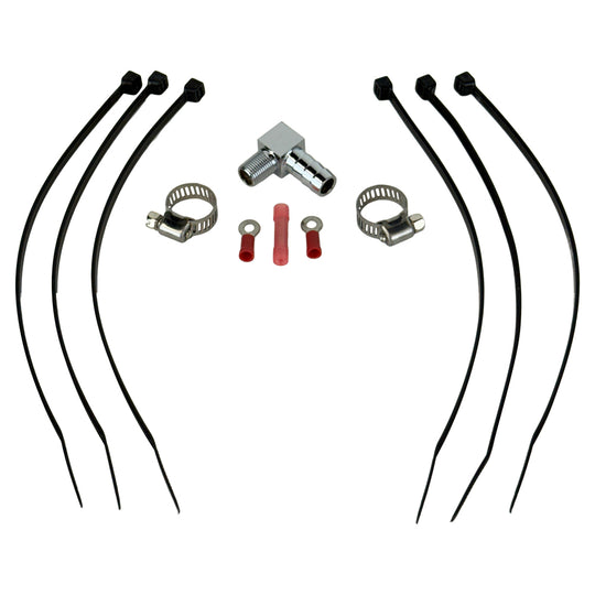 The Moto Iron® Single Gauge Mounting Kit for Harley-Davidson—Chrome includes a metal bracket, clamps, zip ties, fittings, and a chrome gauge mount plate, all arranged on a white background.