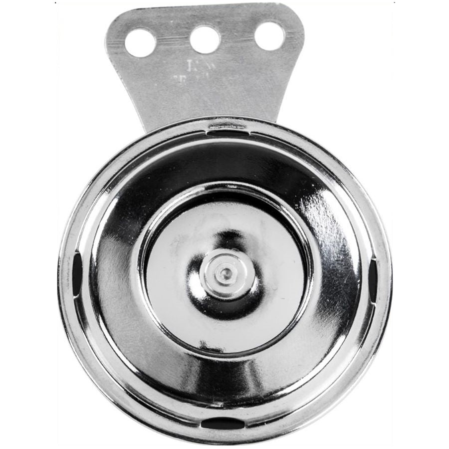 An image of the Firepower Universal Mini Horn 12v - Chrome, a small and compact metal plate with a hole in it, featuring a chrome finish.
