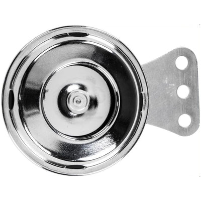 A Firepower Universal Mini Horn 12v - Chrome with a small and compact design, chrome finish, and a hole in it.