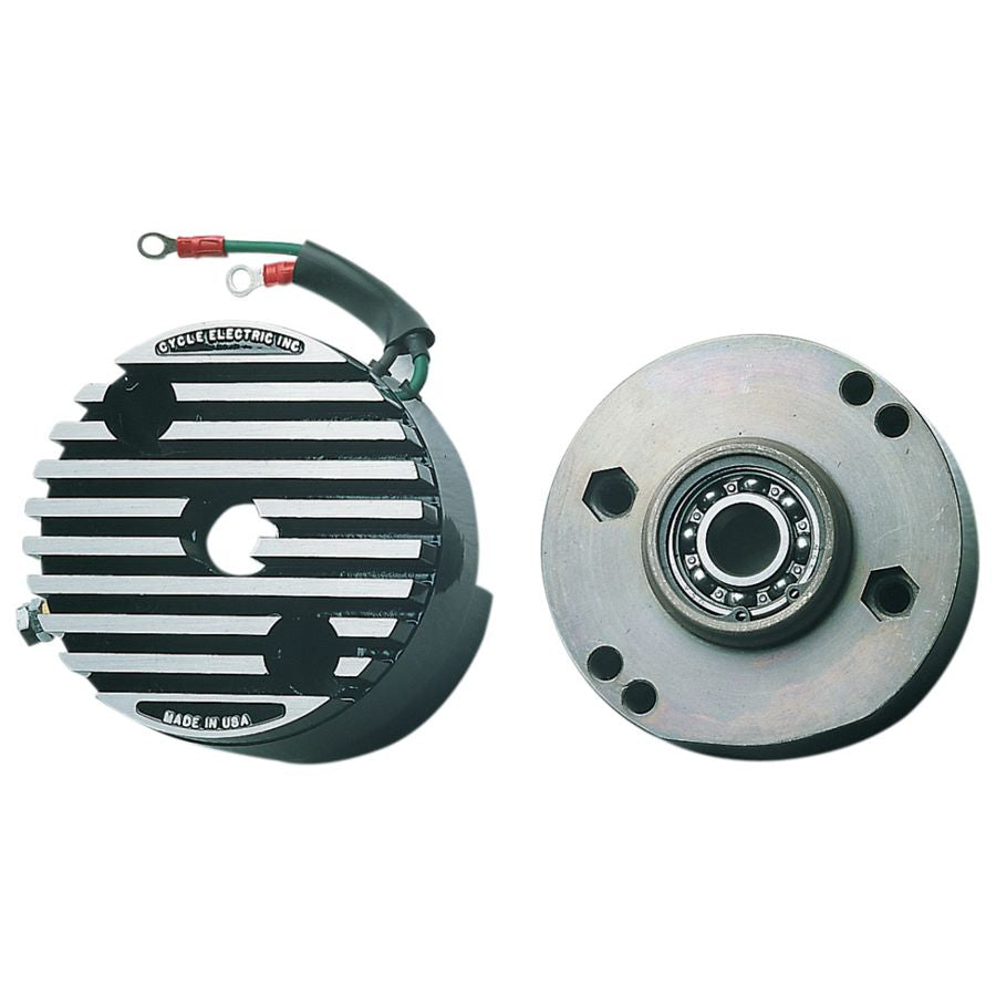 A motor and a clutch on a white background featuring the Regulator CE-540 for Harley-Davidson 12 Volt Generators 65 Amp Output by Cycle Electric.