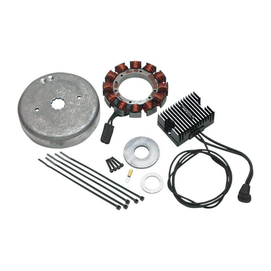A CE-32A Alternator Kit 32 amp, made by Cycle Electric, for an electric motor with a wire and a coil, specifically designed to fit Harley-Davidson EVO big twins and includes a permanent magnet alternator charging kit.