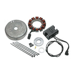 The Cycle Electric CE-32AR Alternator Kit for Harley Davidson Evo Big Twins, designed to prevent stator burnout for improved performance, features a flywheel, stator, rectifier, cable, washers, and zip ties arranged on a white background.