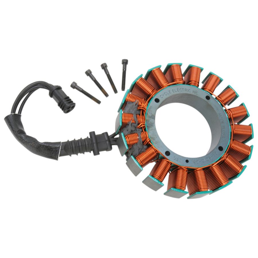 A replacement CE-8010-08 Stator for a Harley-Davidson motorcycle with a stator and a connector, manufactured by Cycle Electric.