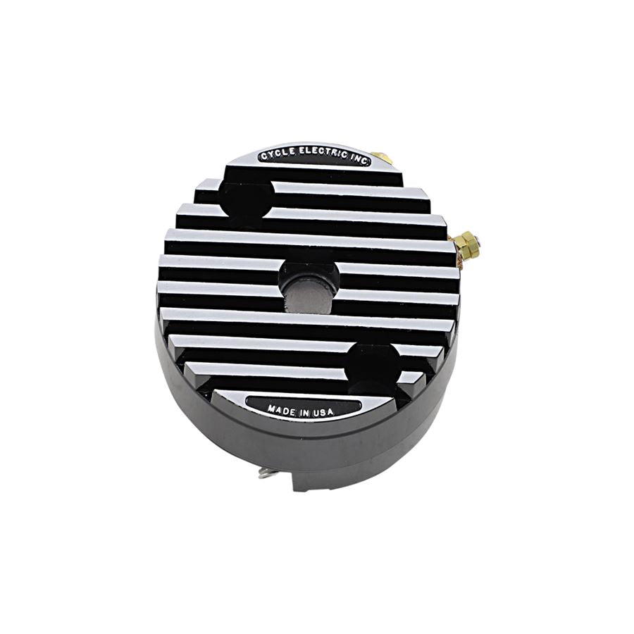 A black and white striped cover on a white background enhances the aesthetic appeal of a Cycle Electric CE-500L Replacement Regulator for DGV-5000L Generator charging system.