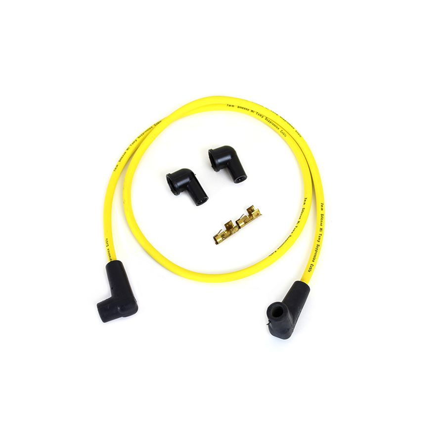 A set of Wyatt Gatling Yellow Suppression Core 7mm Universal Spark Plug Wire Kit - Black Ends on a white background.