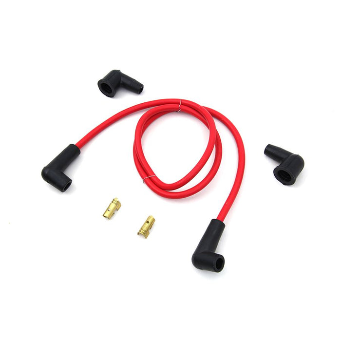 A set of Wyatt Gatling Red 7mm Universal Spark Plug Wire Kit - Black Ends enhance the performance of the motor on a white background.