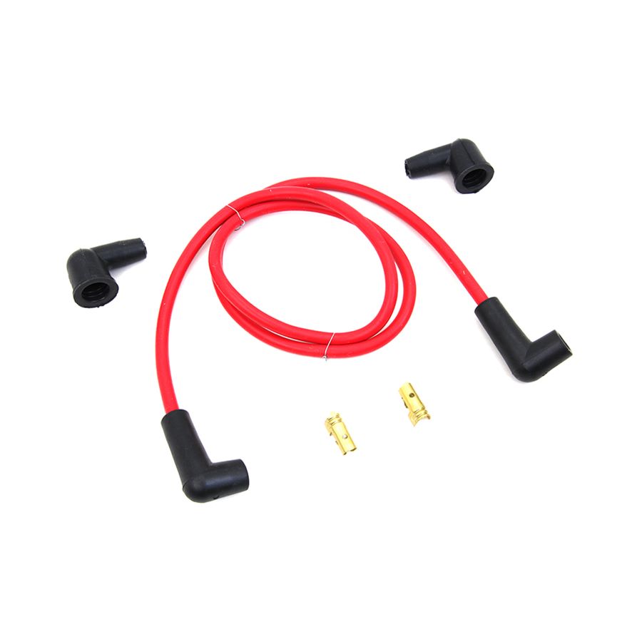 A set of Wyatt Gatling Red 7mm Universal Spark Plug Wire Kit - Black Ends on a white background, perfect for enhancing motor performance.