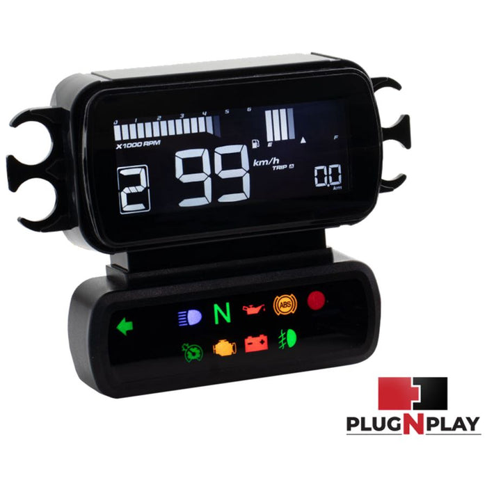 A digital car dashboard display shows a speed of 99 km/h along with engine and battery status indicators. The KOSO D2 Multifunction Meter 2018-2024 Harley M8 Softail also features a gear indicator and a programmable shift light, all branded with the Koso logo in the bottom right corner.