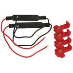 Moto Iron® Turn Signal Resistors, black and red with red connectors, solve the fast-flash issue. Featuring two cables in black heat shrink tubing, they seamlessly integrate LED turn signals.