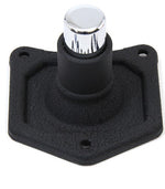 A chrome-plated Moto Iron® Starter Button Bypass Cover for Harley-Davidson 1991-2022, with a round tip on a rectangular base and three screws—its sleek, robust design echoes the look of a Harley starter button.