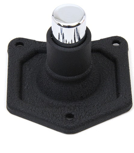 A chrome-plated Moto Iron® Starter Button Bypass Cover for Harley-Davidson 1991-2022, with a round tip on a rectangular base and three screws—its sleek, robust design echoes the look of a Harley starter button.