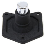 A chrome-plated Moto Iron® Starter Button Bypass Cover for Harley-Davidson 1991-2022, with a round tip on a rectangular base and three screws—its sleek, robust design echoes the look of a Harley starter button.