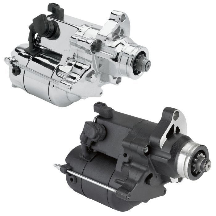A close-up of a Moto Iron® Starter Motor for 2007-2017 Harley-Davidson Twin Cam and 2006 Dyna, showing its black metal and plastic components against a white background.