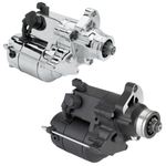 A close-up of a Moto Iron® Starter Motor for 2007-2017 Harley-Davidson Twin Cam and 2006 Dyna, showing its black metal and plastic components against a white background.