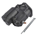 A V-Factor High Performance Starter Motor—Black for 89-06 Big Twin (except 06 Dyna), OEM# 31553-90 & 31553-94, is shown with two metal rods on a white background.