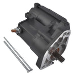 A V-Factor High Performance Starter Motor—Black for 89-06 Big Twin (except 06 Dyna), OEM# 31553-90 & 31553-94, is shown with two metal rods on a white background.