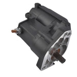 A black Moto Iron® Starter Motor for 1989-2006 Harley-Davidson Big Twin models is shown with two metal mounting bolts beside it on a white background.