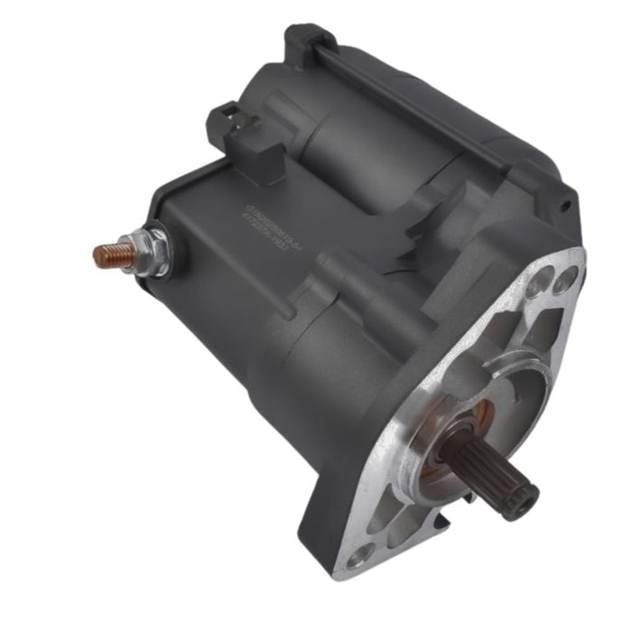 A black Moto Iron® Starter Motor for 1989-2006 Harley-Davidson Big Twin models is shown with two metal mounting bolts beside it on a white background.