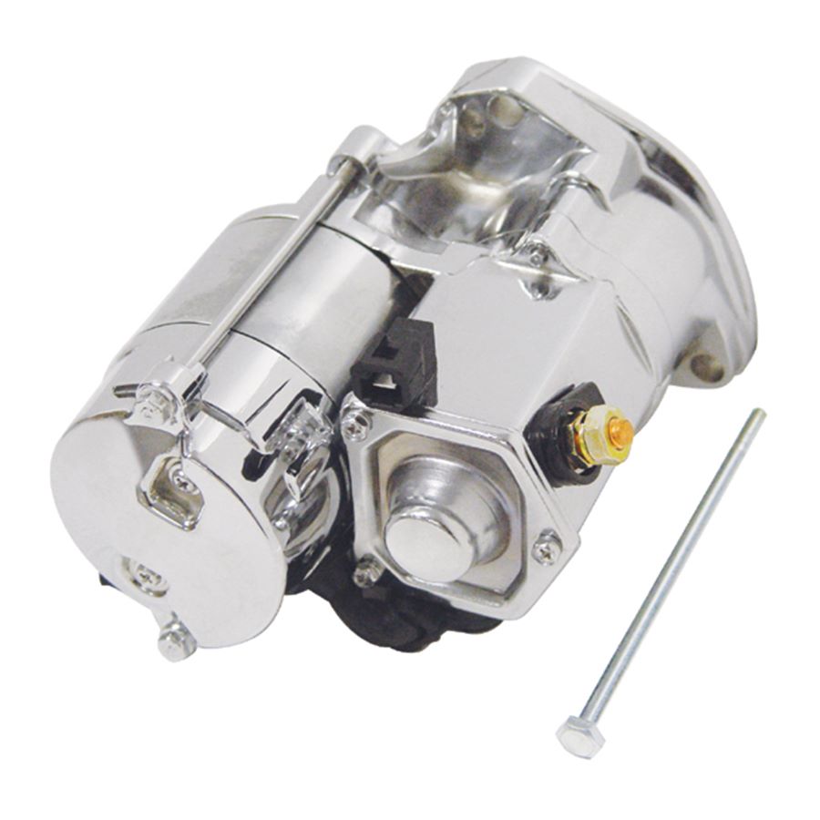 A V-Factor High Performance Starter Motor- Chrome 99-06 Big Twin (Except 06 Dyna) OEM# 31553-90 & 31553-94 on a white background.