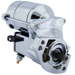 A close-up of the Moto Iron® [ARCHIVED] High Performance Starter Motor- Chrome 99-06 Big Twin (Except 06 Dyna), OEM# 31553-90 & 31553-94, highlighting its chrome finish, visible gear, and mounting holes.
