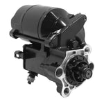 The Moto Iron® Starter Motor for 1986-2022 Harley-Davidson Sportster features a black finish, metal mounting bracket, and exposed front gear assembly.