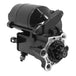 The Moto Iron® Starter Motor for 1986-2022 Harley-Davidson Sportster features a black finish, metal mounting bracket, and exposed front gear assembly.