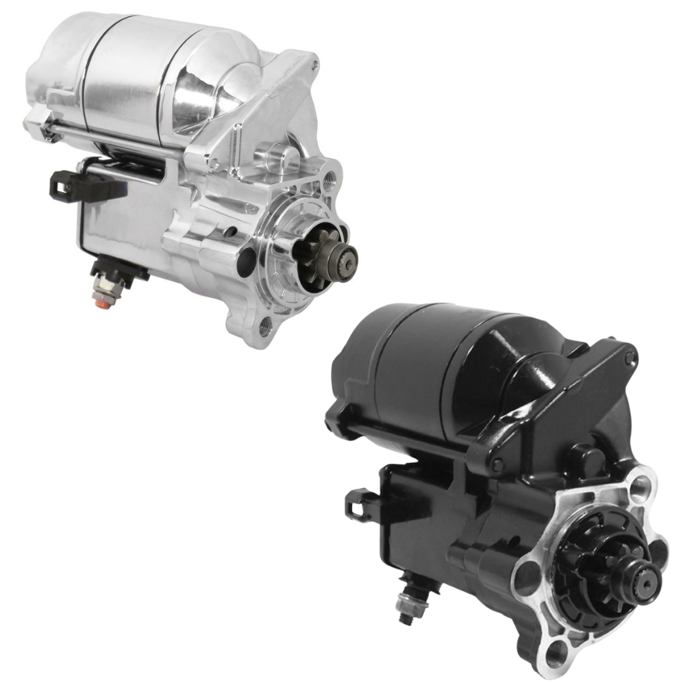 The Moto Iron® Starter Motor for 1986-2022 Harley-Davidson Sportster features a black finish, metal mounting bracket, and exposed front gear assembly.