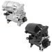 The Moto Iron® Starter Motor for 1986-2022 Harley-Davidson Sportster features a black finish, metal mounting bracket, and exposed front gear assembly.