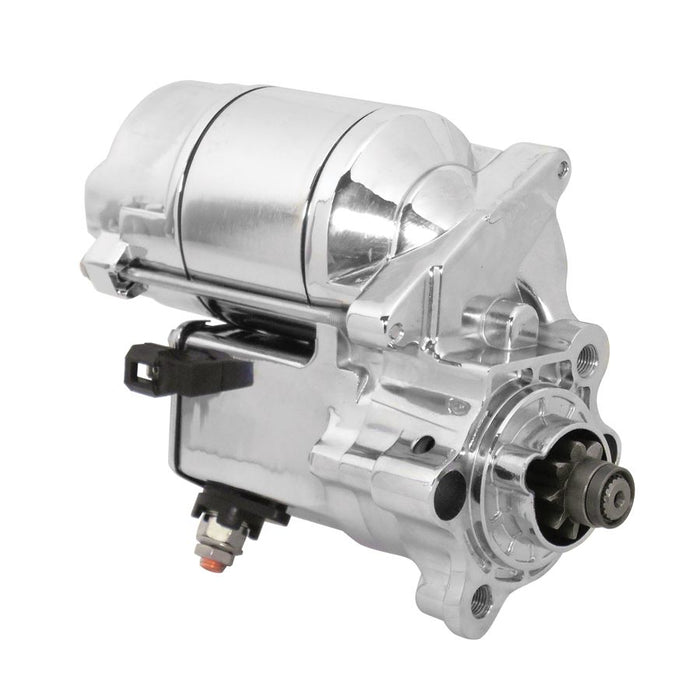 A V-Factor High Performance Starter Motor- Chrome 1982-2022 Sportster (Except 21-22 Sportster/Nightster) that fits Sportster 1982/Later on a white background.