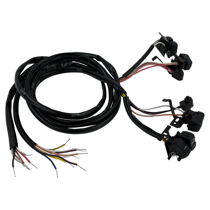 The Moto Iron® 8" Handlebar Wiring Extension Kit with Switches for Harley-Davidson 1996-2006 includes wired switches for horn, lights, turn signals, engine start, and stop—all with organized wiring for easy installation.