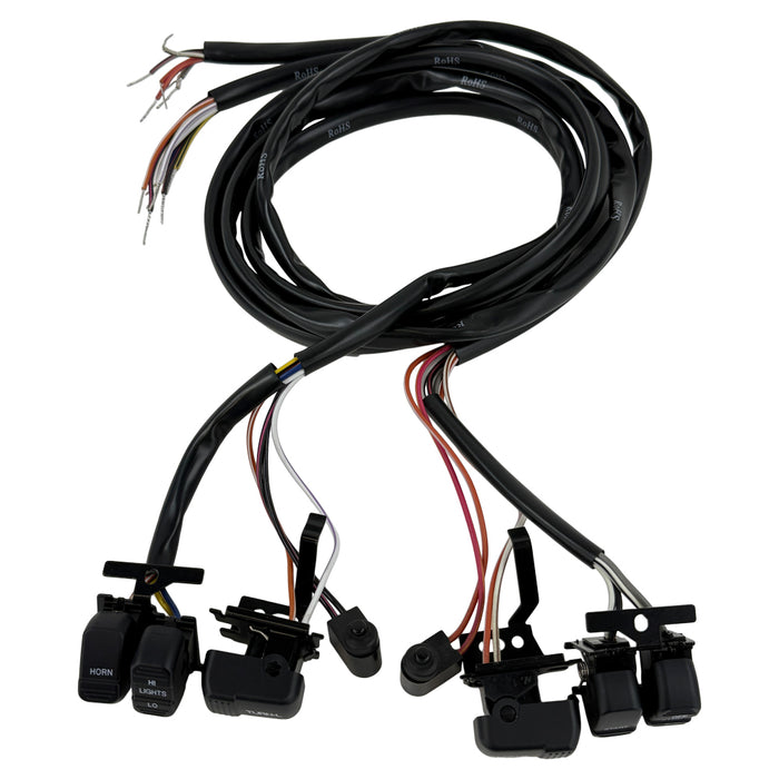 The Moto Iron® 8" Handlebar Wiring Extension Kit with Switches for Harley-Davidson 1996-2006 includes wired switches for horn, lights, turn signals, engine start, and stop—all with organized wiring for easy installation.
