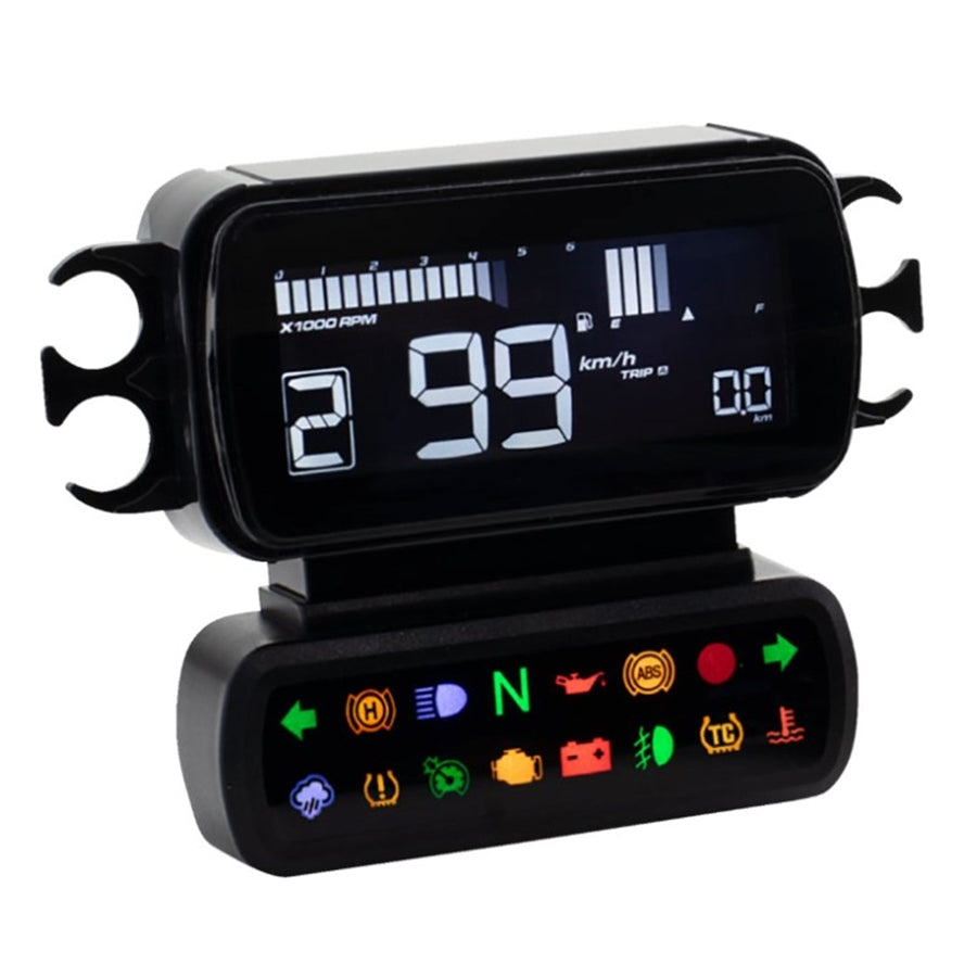Digital KOSO D2 heads-up display (HUD) showcasing a multifunction meter, speedometer, rpm, and various vehicle warning indicators.
